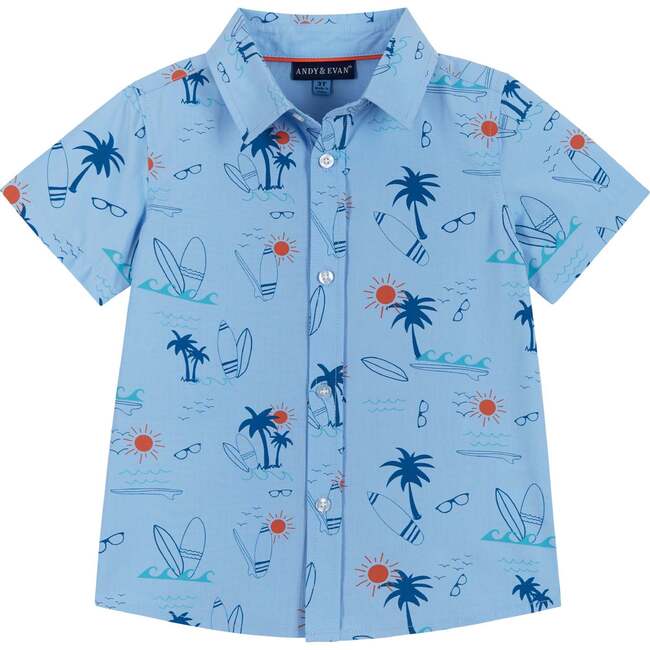 Surfs Up Print Button-Up & Short Set, Blue - Mixed Apparel Set - 3