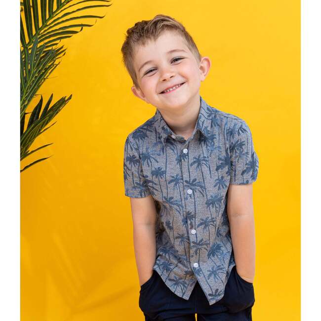 Fun Palm Tree Print Knit Button-down Set, Blue - Shirts - 3
