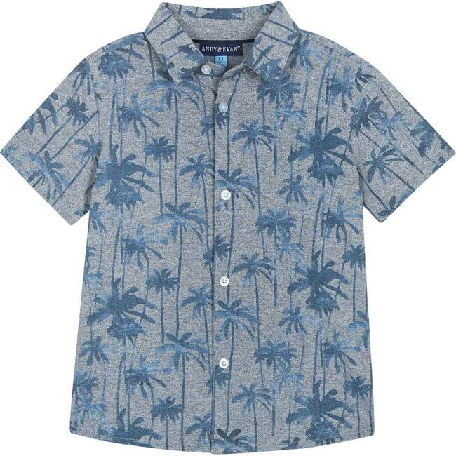 Fun Palm Tree Print Knit Button-down Set, Blue - Shirts - 4