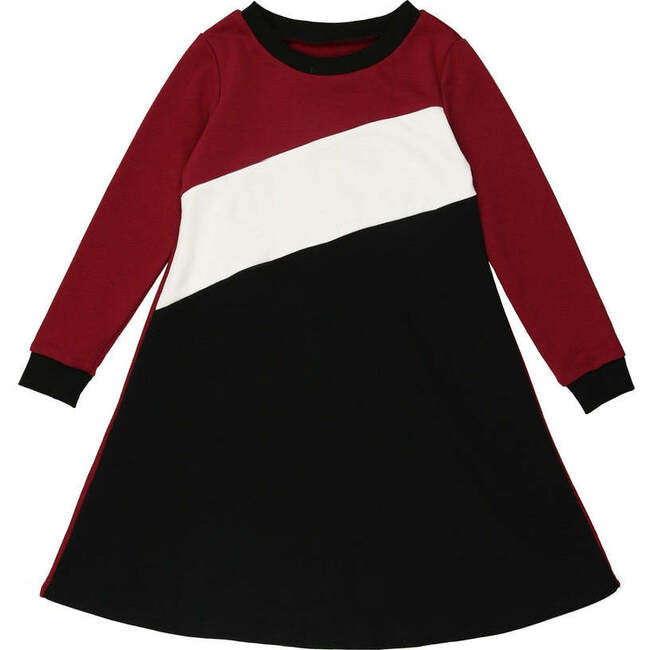Tricolor French Terry Long Sleeve Dress, Maroon