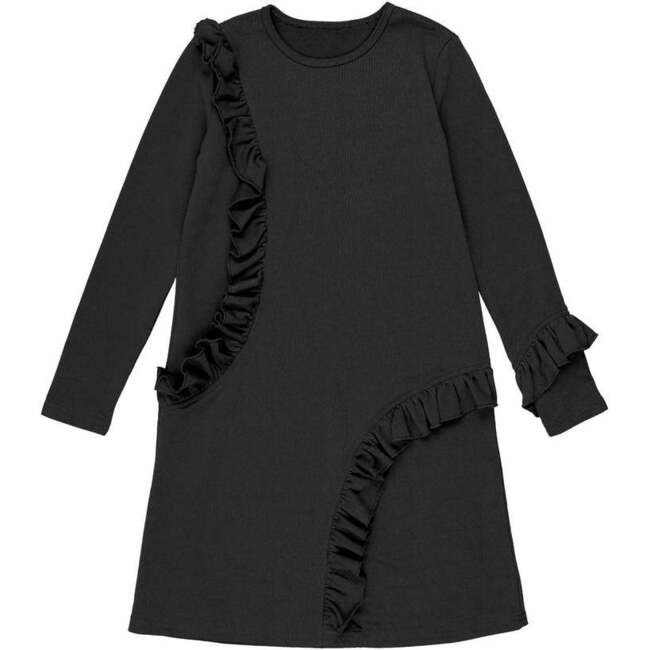 Ruffle Neck Long Sleeve Dress, Black
