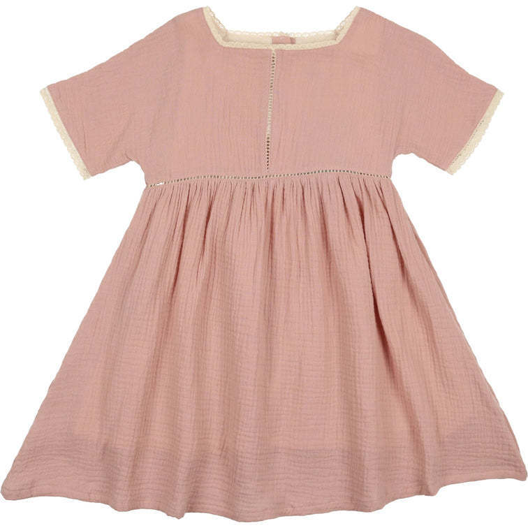 Gauze Crochet Short Sleeve Dress, Mauve - Dresses - 1