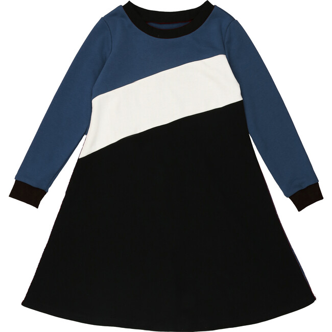 Tricolor French Terry Long Sleeve Dress, Blue