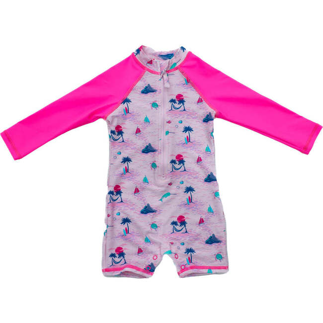 Jessie UPF 30 Tropical Print Front Zip Shortall, Pink