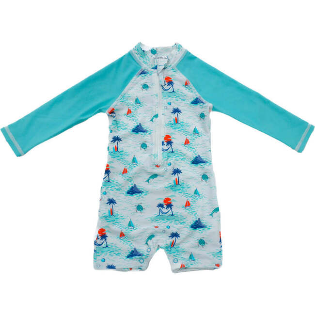 Jessie UPF 30 Tropical Print Front Zip Shortall, Turquoise