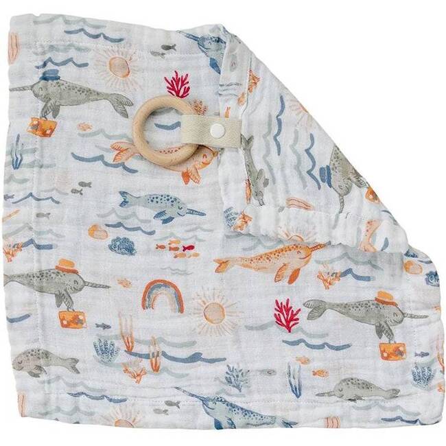 Premium Cotton Muslin Teether Blanket with Wooden Teether Ring, Narwhal