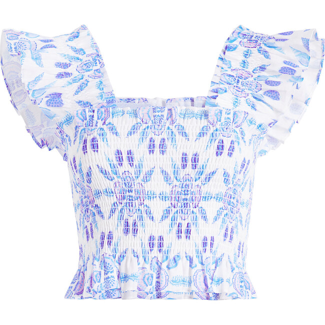 The Women's Linen Cropped Paz Nap Top, Blue Shell Mosaic Linen - Shirts - 1