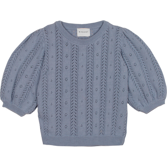 Nora Cotton Openwork Ribbed Hem Sweater, Blue