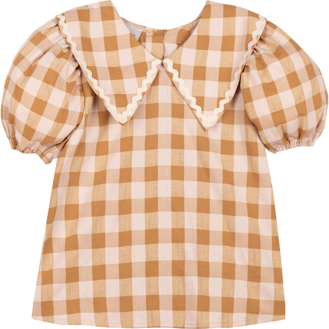Sienna Vichy Oversized Collared Puff Sleeve Blouse, Caramel