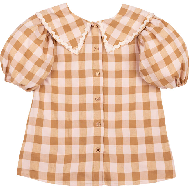 Sienna Vichy Oversized Collared Puff Sleeve Blouse, Caramel - Blouses - 3