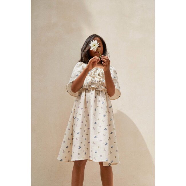 Mia Muslin Short Sleeve A-Line Flower Dress, Cream And Mauve - Dresses - 3