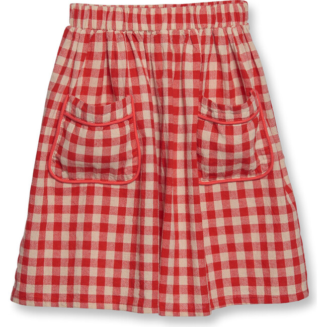 Gathered Woven Contrast Binded Pocket Check Skirt, Red
