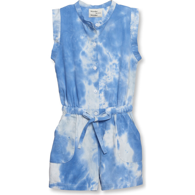 Summer Woven Stand Collar Sleeveless Tie-Dye Romper, Sky - Rompers - 1