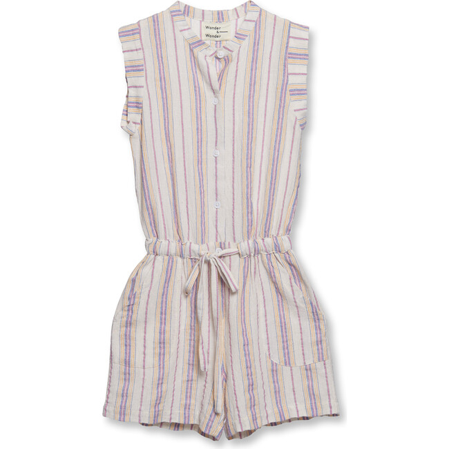 Summer Woven Stand Collar Sleeveless Pinstripe Romper, Multicolors - Rompers - 1