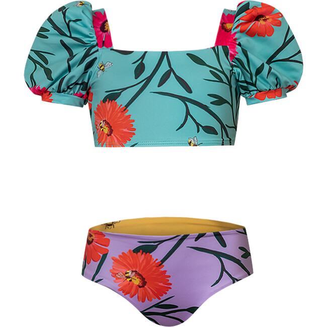Bubble Short Puff Sleeve Top And Reversible Bikini Bottom, Abi And Flora
