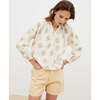 Women's Loretta Floral Print V-Neck Long Cuffed Sleeve Blouse, Beige - Blouses - 2