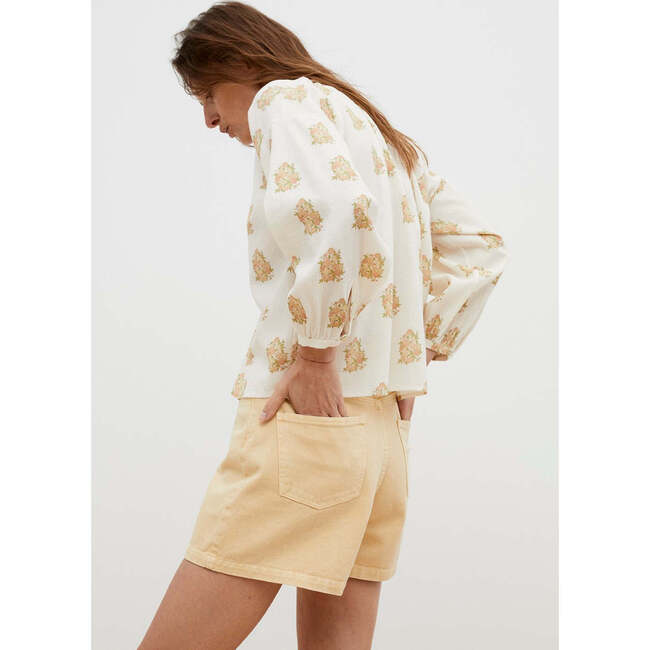 Women's Loretta Floral Print V-Neck Long Cuffed Sleeve Blouse, Beige - Blouses - 3