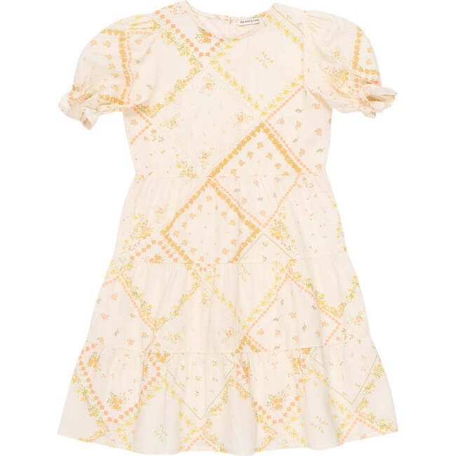 Idara Floral Print Round Neck Short Puff Sleeve Dress, Cream