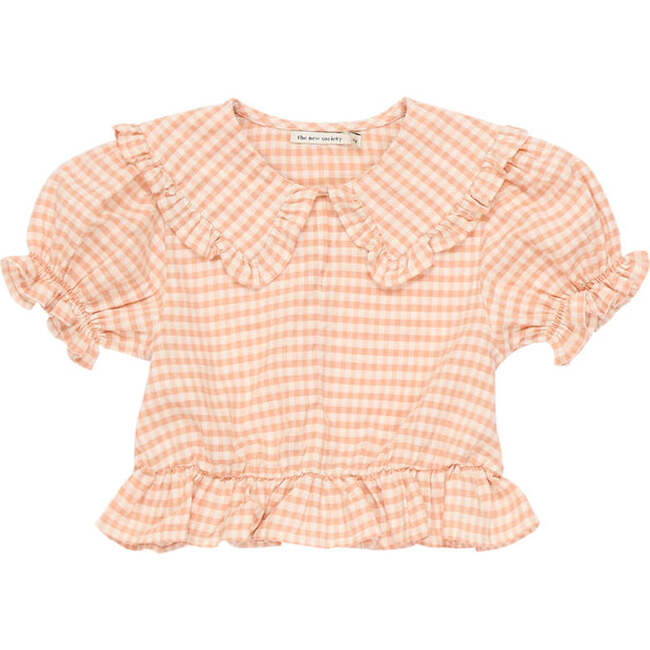 Petra Gingham Round Neck Short Puff Sleeve Blouse, Pink