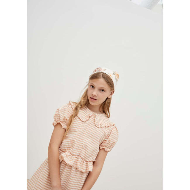 Petra Gingham Round Neck Short Puff Sleeve Blouse, Pink - Shirts - 2