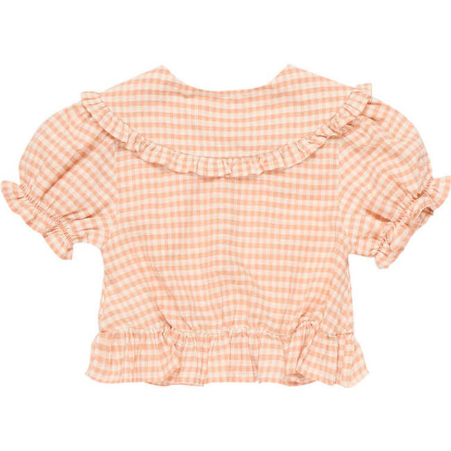Petra Gingham Round Neck Short Puff Sleeve Blouse, Pink - Shirts - 4