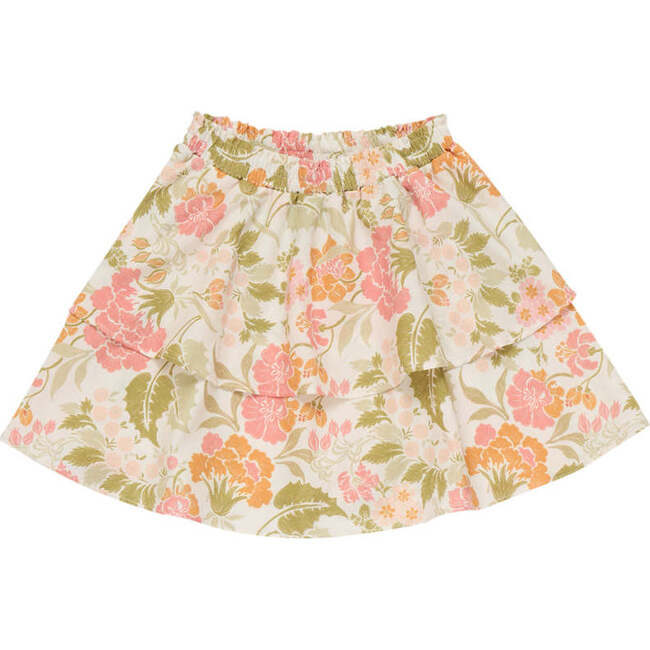 Rafaella Floral Print Smock Waist 2-Tire Ruffle Skirt, Cream