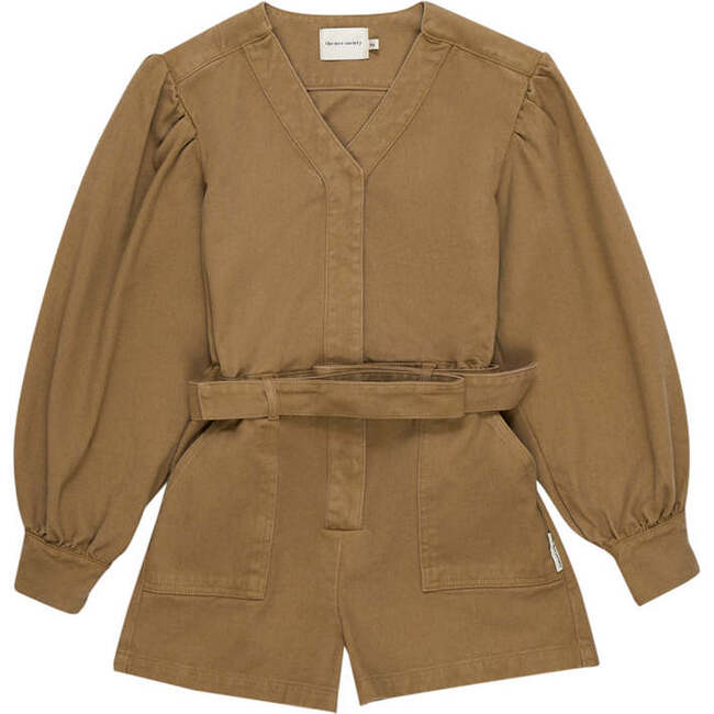 Gabriella V-Neck Short Sleeve Short Belted Jumpsuit, Tan - Rompers - 1