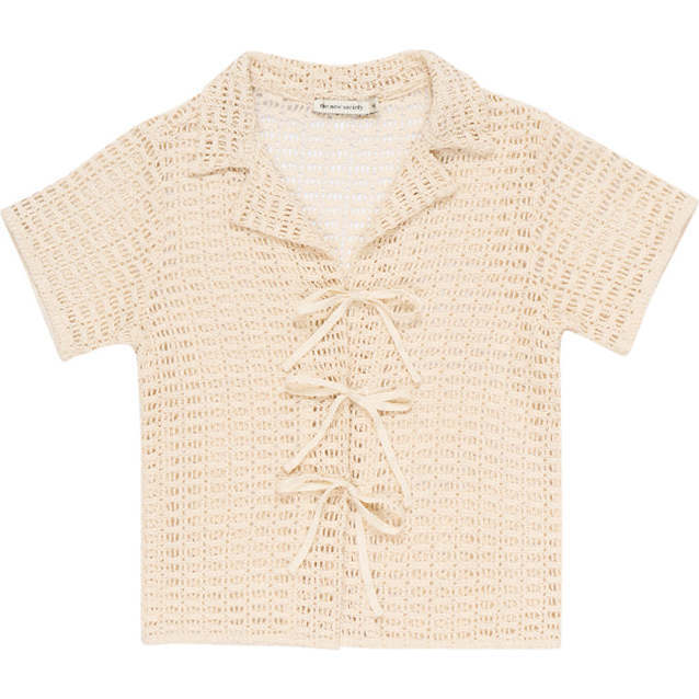Lia Knit 3-Herringbone Strap Closure Short Sleeve Shirt, Cream - Shirts - 1