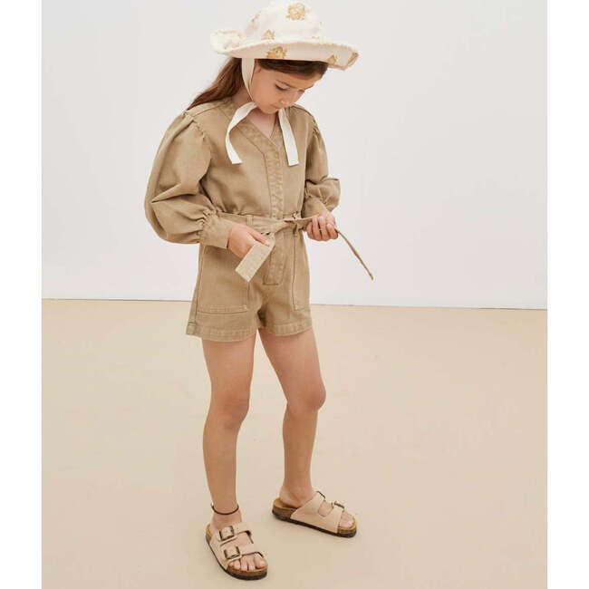 Gabriella V-Neck Short Sleeve Short Belted Jumpsuit, Tan - Rompers - 2