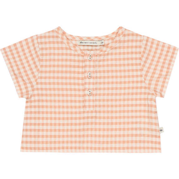 Baby Petra Gingham Round Neck Short Sleeve Buttoned Shirt, Pink