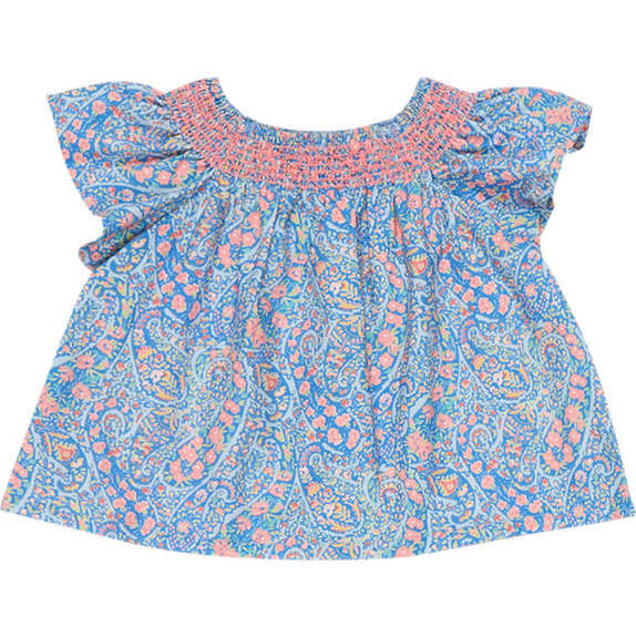 Baby Albertina Floral Print Short Sleeve Smock Blouse, Blue