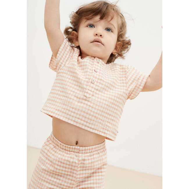 Baby Petra Gingham Round Neck Short Sleeve Buttoned Shirt, Pink - T-Shirts - 3