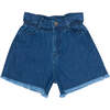 Allegria High Waist Ripped Hem Buttoned Denim Short, Blue - Shorts - 1 - thumbnail