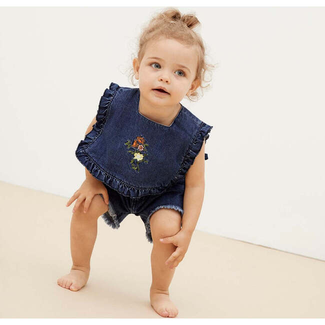 Baby Allegria Ruffle Shoulders Front Embroidered Top, Blue - Tank Tops - 2