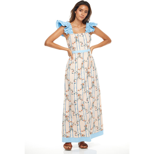 Maris Linen Maxi Dress, Peach and Blue Floral