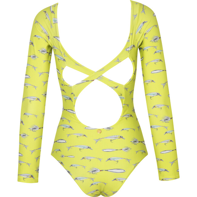 Women's Surf Scoop Neck Long Sleeve One-Piece Swimsuit, Lemon Fish - One Pieces - 3