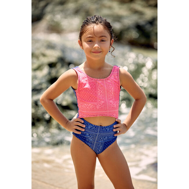 Sal Thin Strappy Back One Piece Trikini, Fucsia Bandana And Blue - One Pieces - 2