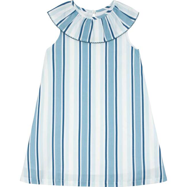 Freshwater Stripe Ruffle Collar Dress, Blue