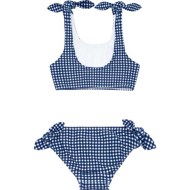 Gingham Straight Neck Scoop Back Tie Knot Bikini, Navy - Two Pieces - 2