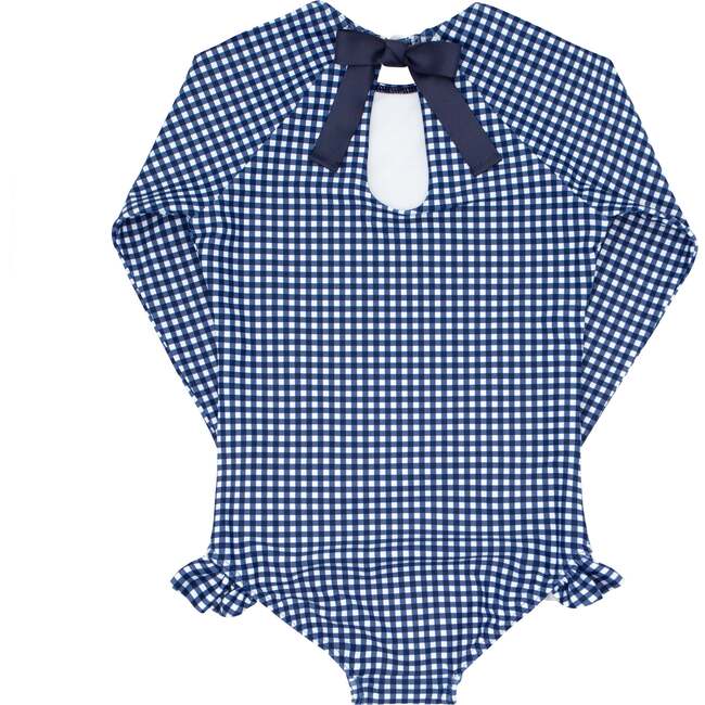 Gingham Grosgrain Ribbon Back Tie One-Piece Rashguard, Navy - One Pieces - 2