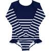 Breton Stripe Grosgrain Ribbon Back Tie One-Piece Rashguard, Navy - One Pieces - 1 - thumbnail