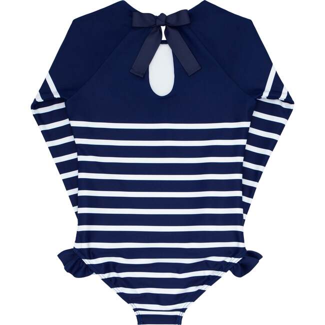 Breton Stripe Grosgrain Ribbon Back Tie One-Piece Rashguard, Navy - One Pieces - 2
