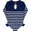 Breton Stripe Grosgrain Ribbon Back Tie One-Piece Rashguard, Navy - One Pieces - 2