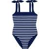 Women's Breton Stripe Tie Knot One-Piece, Navy - One Pieces - 1 - thumbnail