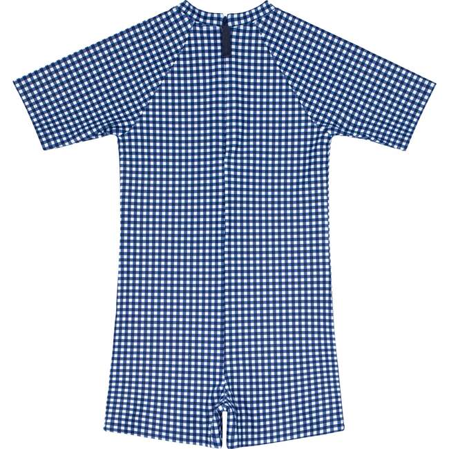 Unisex Gingham Short Sleeve One-Piece Rashguard, Navy - Rash Guards - 2