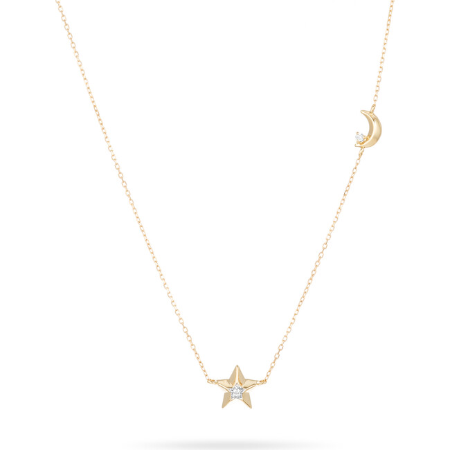 Women's 3D Moon and Star Diamond Necklace , 14k Gold