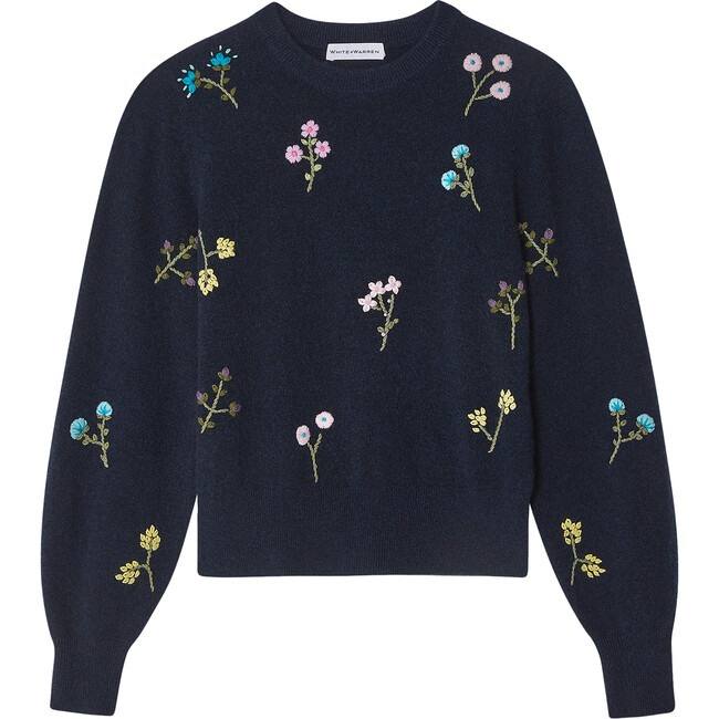 Women's Cashmere Embroidered Floral Crewneck, Navy Combo