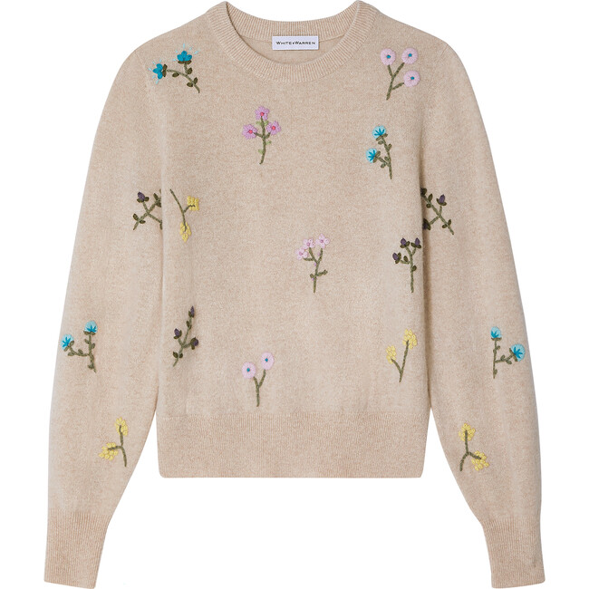 Women's Cashmere Embroidered Floral Crewneck, Champagne Combo