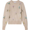 Women's Cashmere Embroidered Floral Crewneck, Champagne Combo - Sweaters - 1 - thumbnail