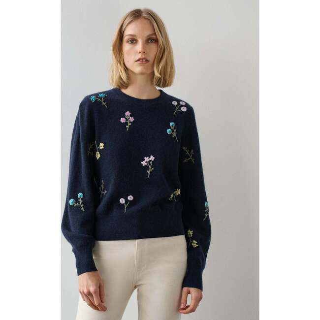Women's Cashmere Embroidered Floral Crewneck, Navy Combo - Sweaters - 2